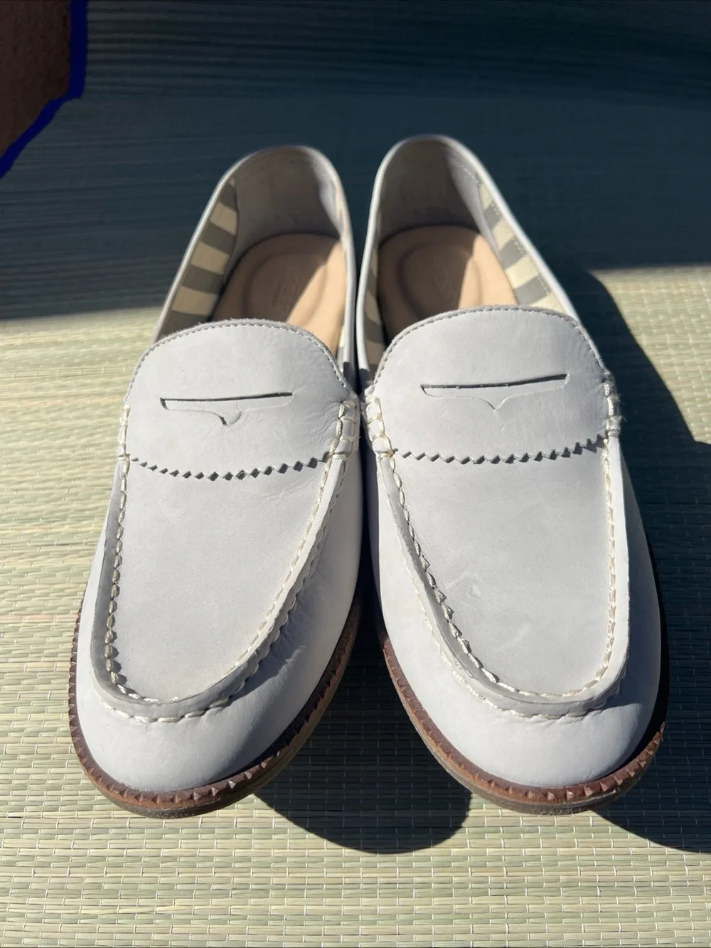 Sperry Light Gray Suede Penny Loafers with Brown Sole